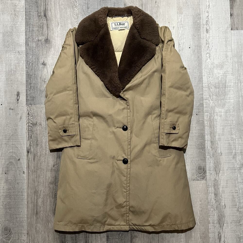 Vintage LL Bean Down Mainer Jacket Womens Goose Down Beige Long 70s 80s Sz 10